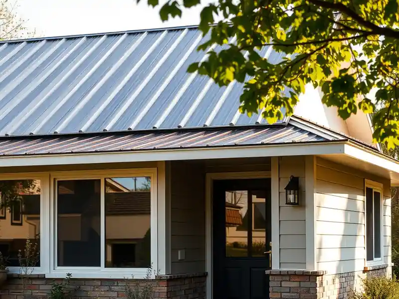 Illustration of close-up of materials and finishes of house with a standing-seam metal roof in a 1958-era home